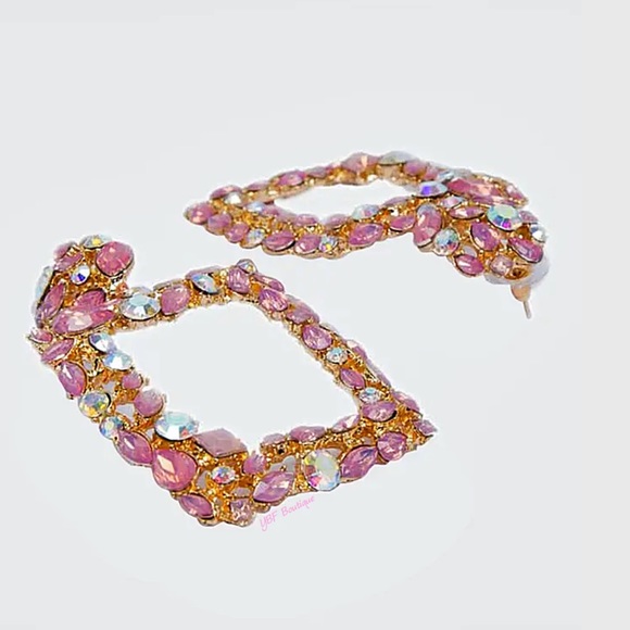 New Pink & Gold Rhinestone Floral Statement Post Fashion Earrings - Picture 5 of 7